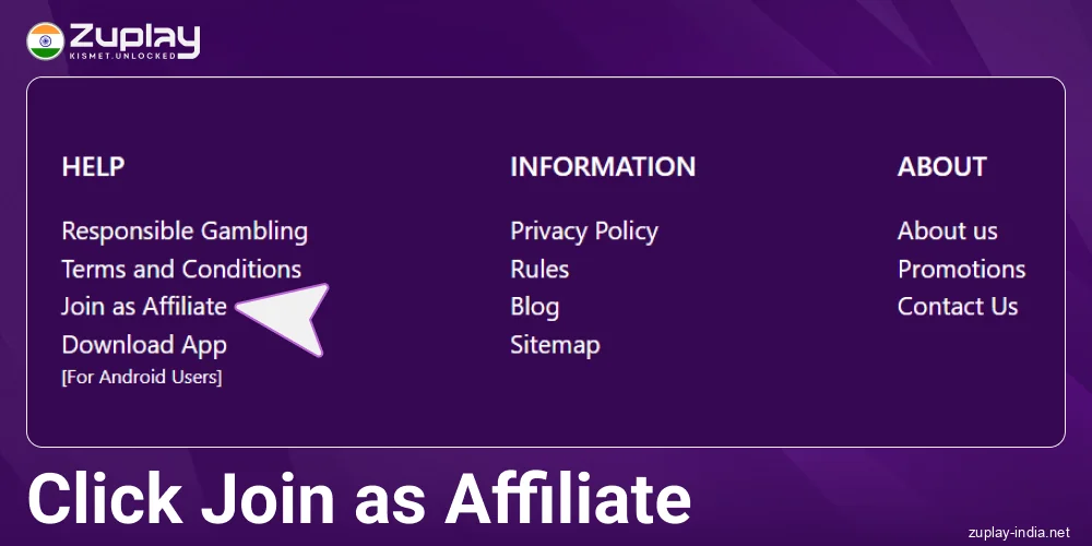 Click the affiliate program button in Zuplay India
