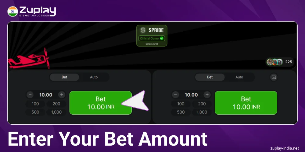Enter the bet amount in Zuplay IN