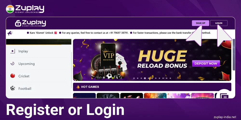 Register or log in to Zuplay India