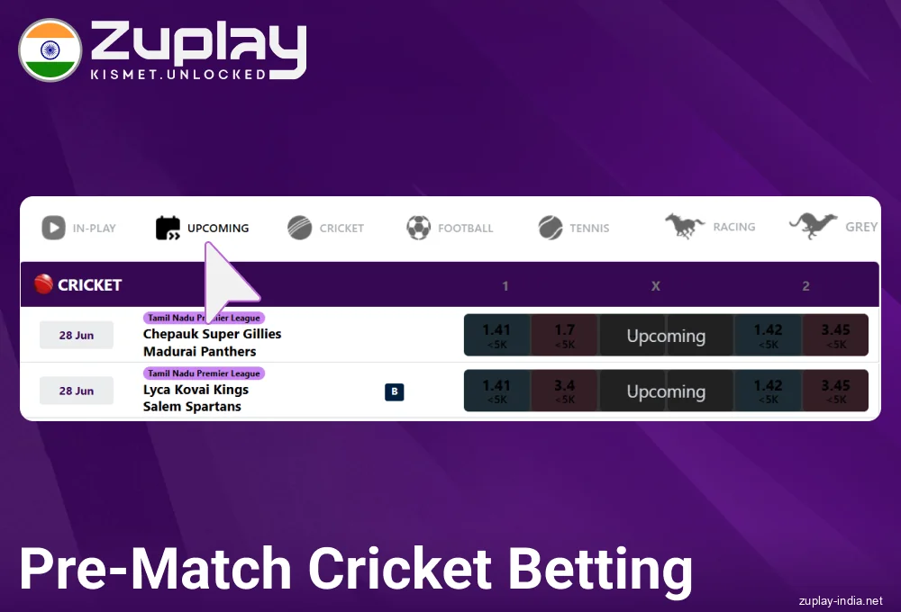 Pre-match betting at Zuplay IN