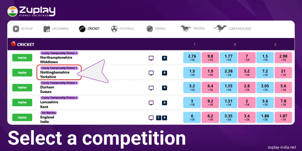 Select a competition in Zuplay India
