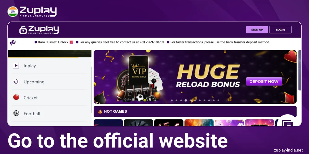 Visit the bookmaker website Zuplay IN