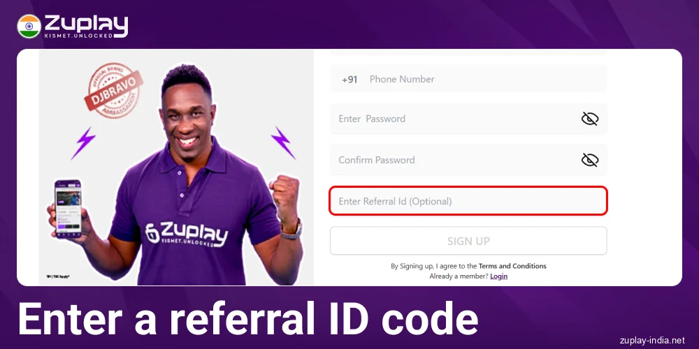 Enter the referral ID in Zuplay in