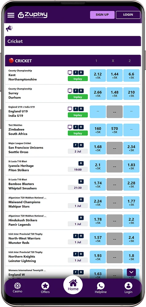 Screenshot of sports betting in the Zuplay India app