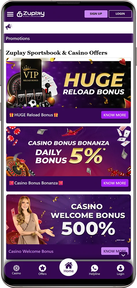 Screenshot of bonuses in the Zuplay India app