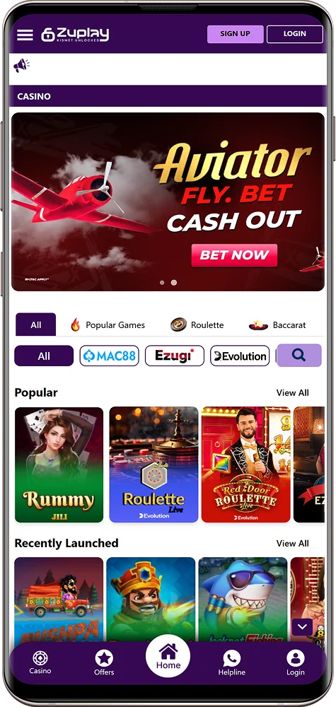 Screenshot of the casino in the Zuplay India app