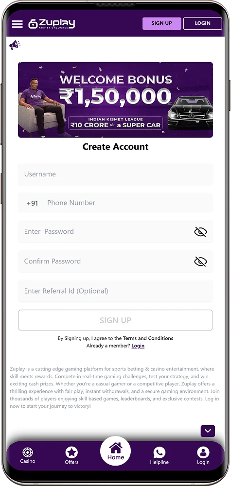 Screenshot of Registration in the Zuplay IN app