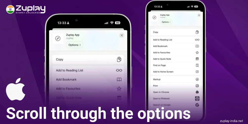 Scroll Zuplay IN iOS app options